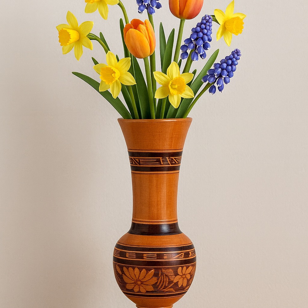Handcrafted Brown Vase with Floral Design. Mexico 1998, Hand Carved and Crafted